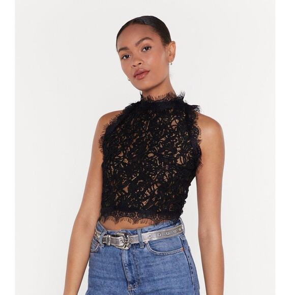 Zara Trafaluc Black Floral Lace Halter Embroidered Sleeveless Crop Tank Top Sz S - Picture 1 of 9